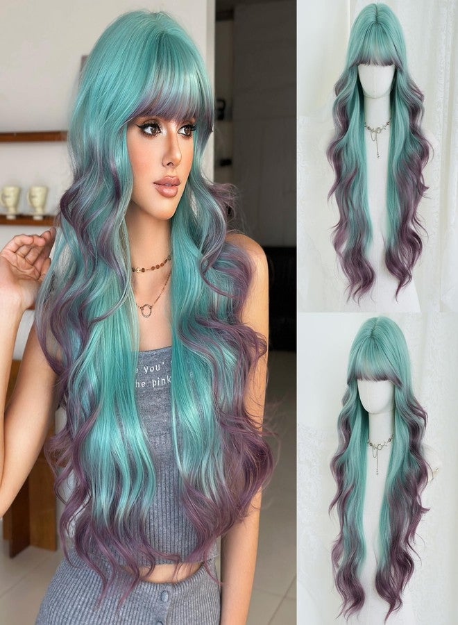 7JHH WIGS 31in Turquoise Long Wavy Bangs Purple Highlight Wigs Mixed Light Green Ombre Lavender Purple Heat Resistant Synthetic Fiber Women Wavy Curly Wigs for Christmas Daily Party Daily Used - Image 1